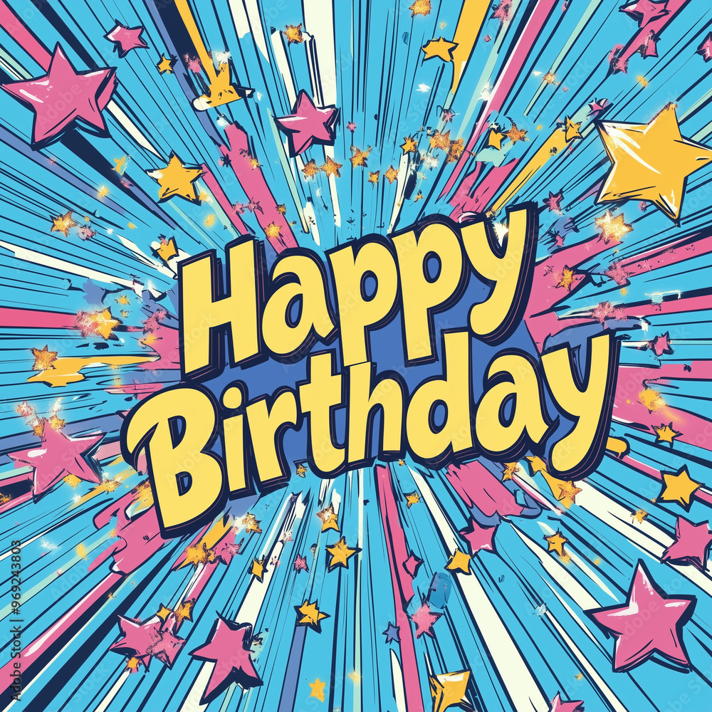 Colorful burst of stars with Happy Birthday message in comic style Colorful burst of stars with Happy Birthday message in comic style