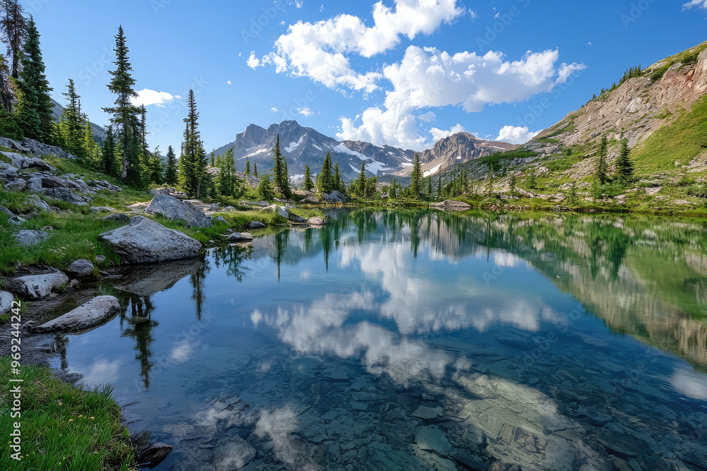 A tranquil mountain paradise with clear lake reflecting sky A tranquil mountain paradise with clear lake reflecting sky