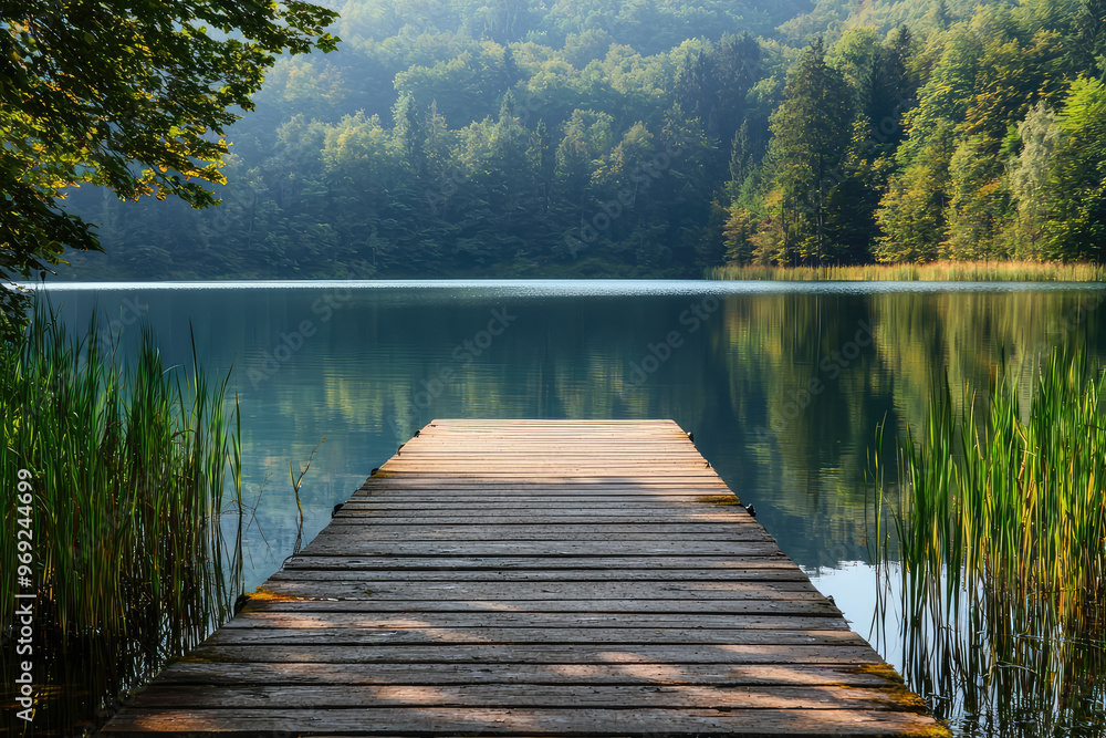 A serene lake view with wooden pier surrounded by lush greenery A serene lake view with wooden pier surrounded by lush greenery