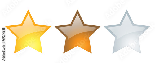 Vector illustration of stars with reflection isolated on a white background. Gold and bronze, silver stars