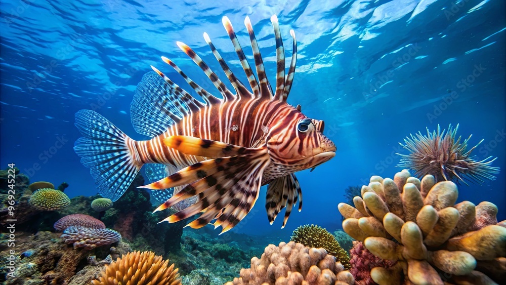 Lionfish hovering near a coral outcrop, displaying its spiky fins Lionfish hovering near a coral outcrop, displaying its spiky fins