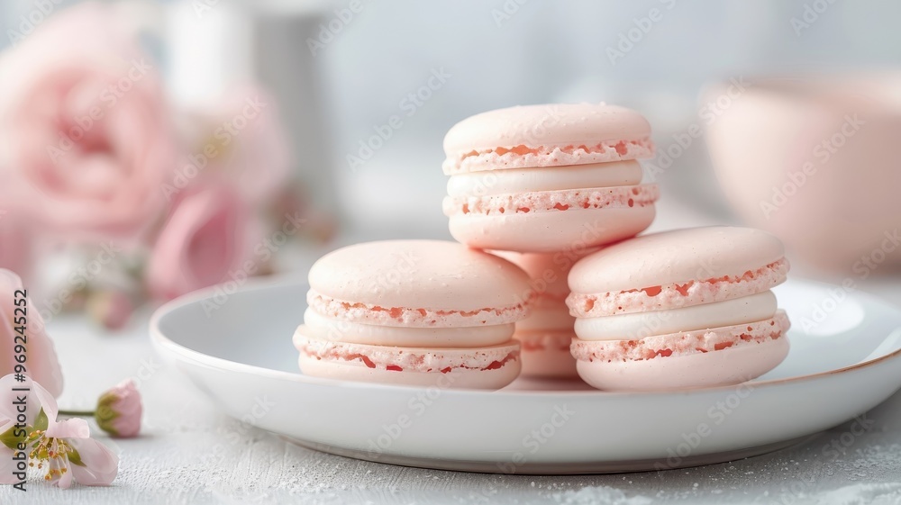 A plate of strawberry macarons with pastel pink shells and buttercream filling. A plate of strawberry macarons with pastel pink shells and buttercream filling.