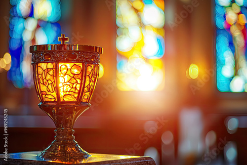 A vibrant close up of Catholic churchs tabernacle, illuminated beautifully photo