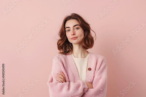 Woman Model Calm Demeanor Cardigan Plain Soft Pink Background, Portrait Shot, Fashion, Serenity