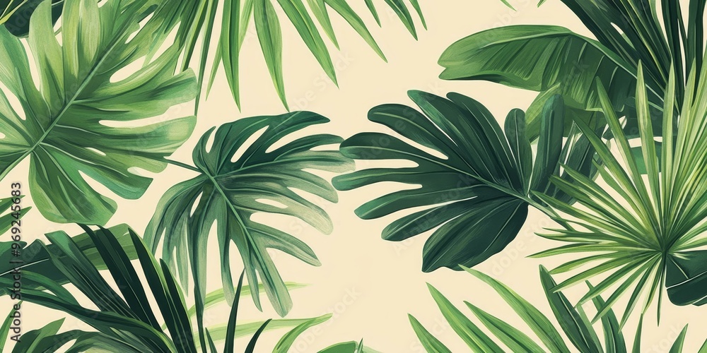 Tropical green leaves on cream background. Tropical green leaves on cream background.