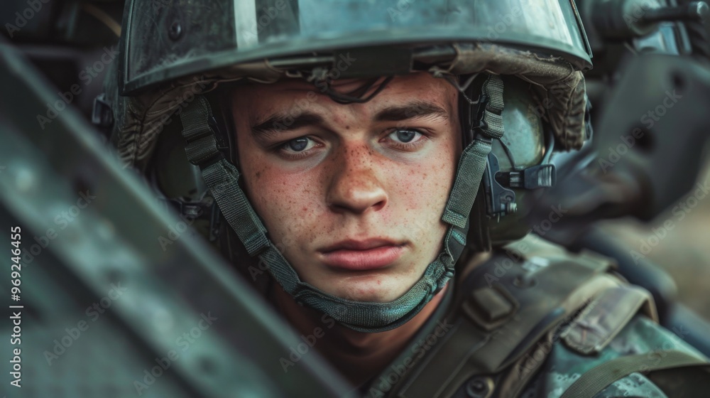 young soldier wearing a helmet inside a military tank with a focused expression young soldier wearing a helmet inside a military tank with a focused expression