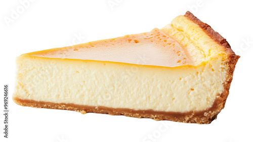 Creamy cheesecake slice with golden crust, showcasing rich texture and smooth surface. Perfect for dessert lovers seeking indulgence and flavor. 