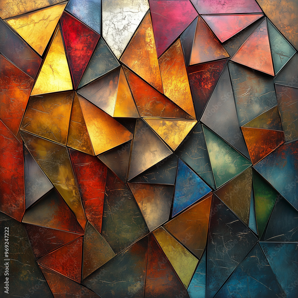 A colorful abstract painting made up of triangles and squares. The colors are bright and bold, creating a sense of energy and movement. The composition is dynamic and visually interesting A colorful abstract painting made up of triangles and squares. The colors are bright and bold, creating a sense of energy and movement. The composition is dynamic and visually interesting
