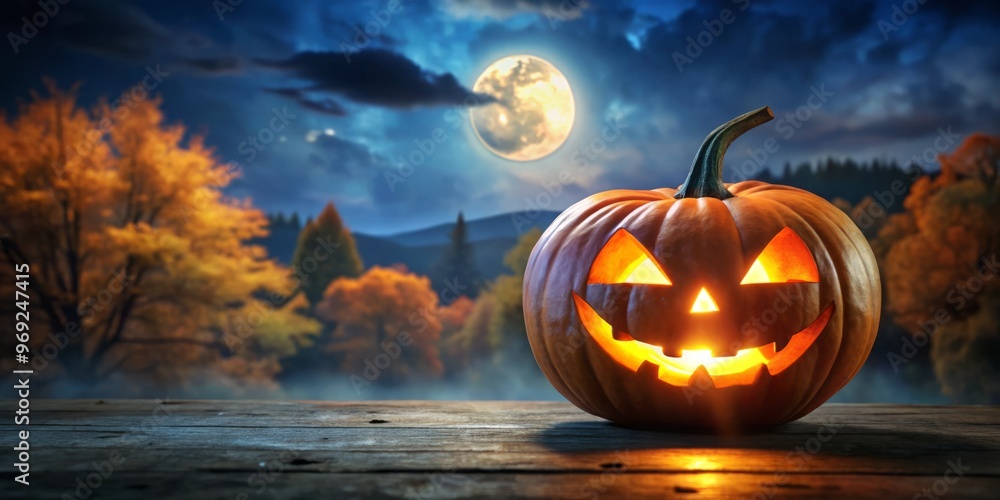 A jack-o'-lantern's glowing face illuminates the spooky darkness of Halloween night, its orange light dancing across A jack-o'-lantern's glowing face illuminates the spooky darkness of Halloween night, its orange light dancing across
