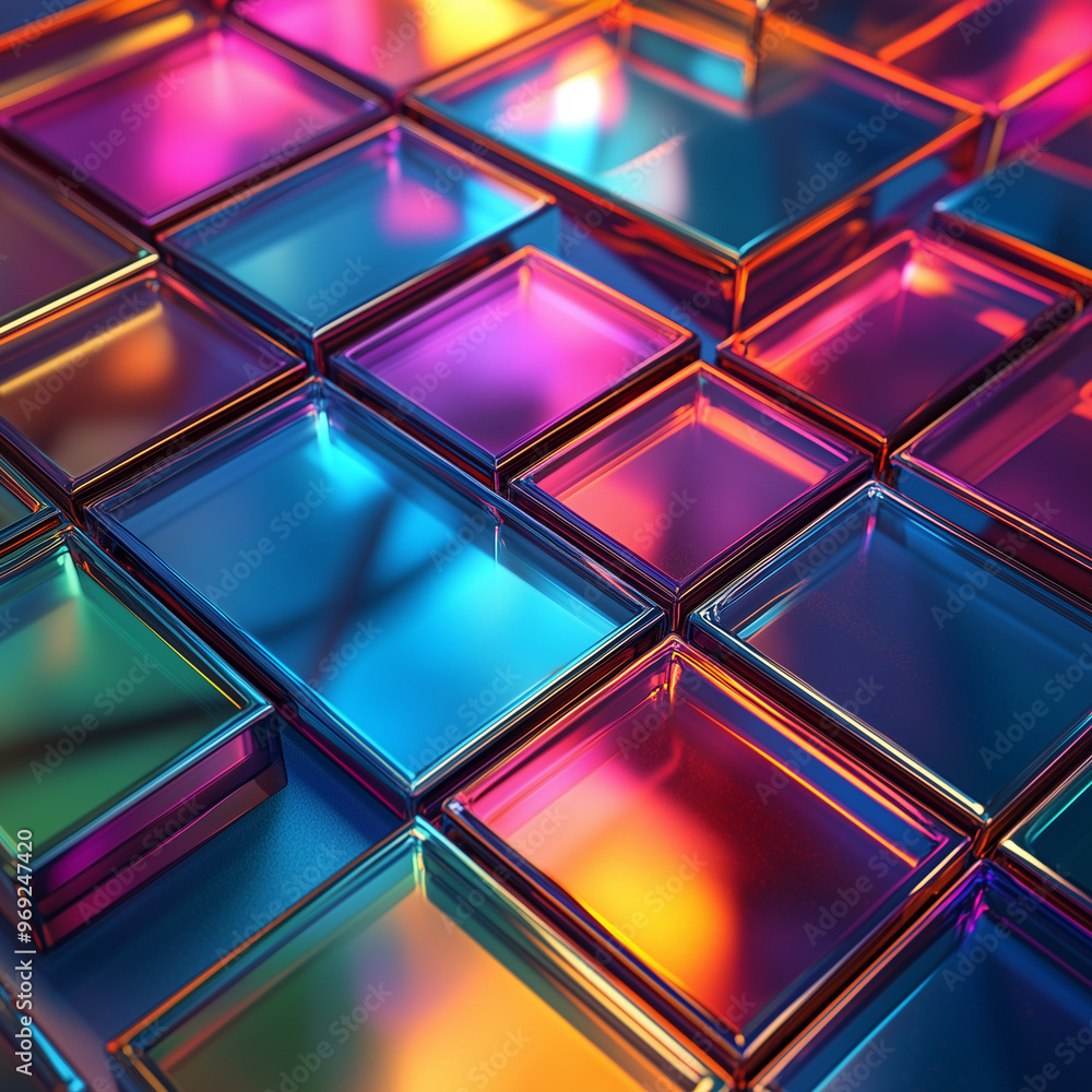 A colorful image of squares made of glass. The squares are of different colors and sizes, and they are arranged in a way that creates a sense of depth and dimension. The image is vibrant A colorful image of squares made of glass. The squares are of different colors and sizes, and they are arranged in a way that creates a sense of depth and dimension. The image is vibrant