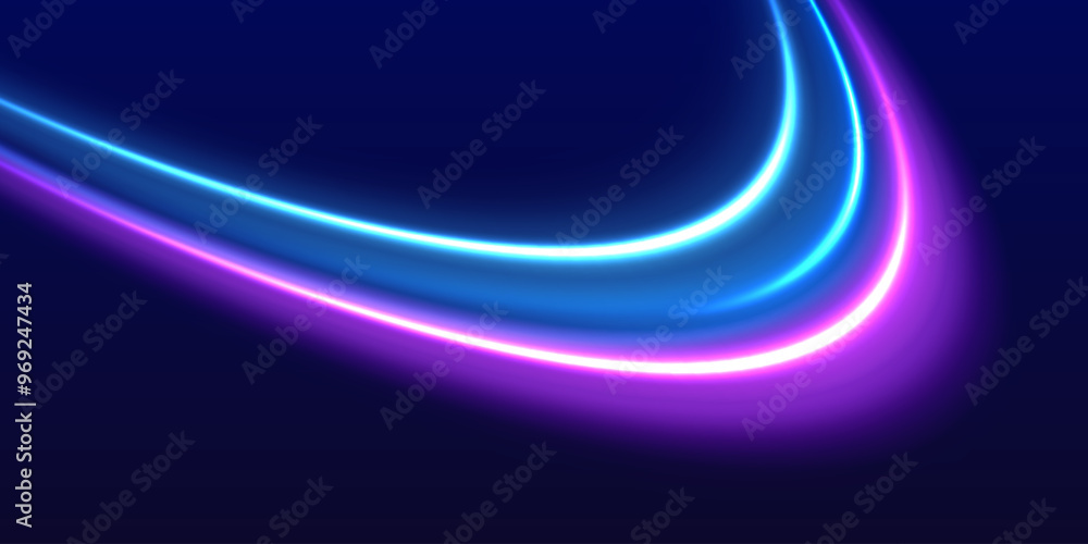 Lines in the shape of a comet against a dark background. Motion light effect for banners. Neon color glowing lines, high speed light trails effect. Purple glowing wave swirl, impulse cable lines. Lines in the shape of a comet against a dark background. Motion light effect for banners. Neon color glowing lines, high speed light trails effect. Purple glowing wave swirl, impulse cable lines.