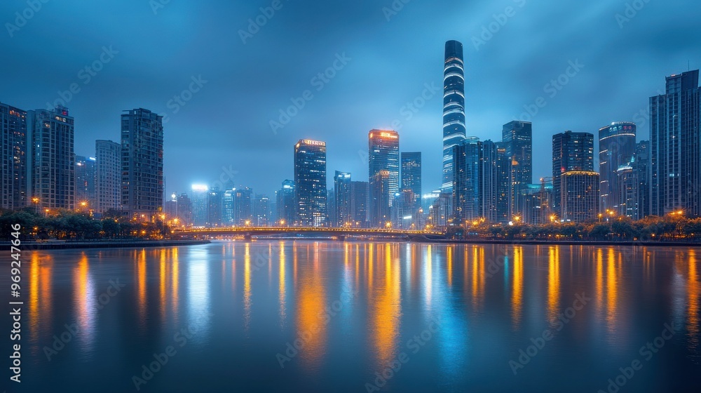 A city skyline at dusk reflecting on water, showcasing modern architecture and urban life. A city skyline at dusk reflecting on water, showcasing modern architecture and urban life.
