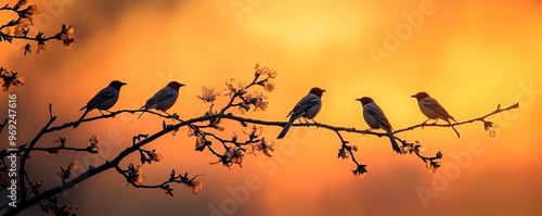 A tree branch with birds perched, silhouetted against a glowing sky at dawn or dusk photo