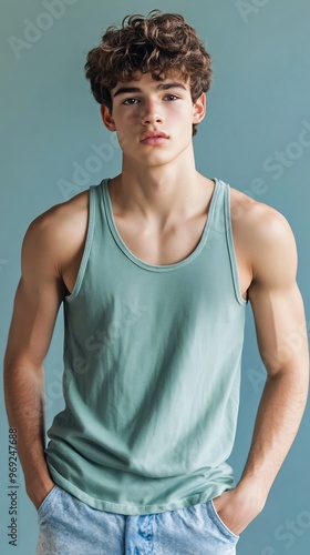 Young man with curly hair wearing tank top. AI Generated