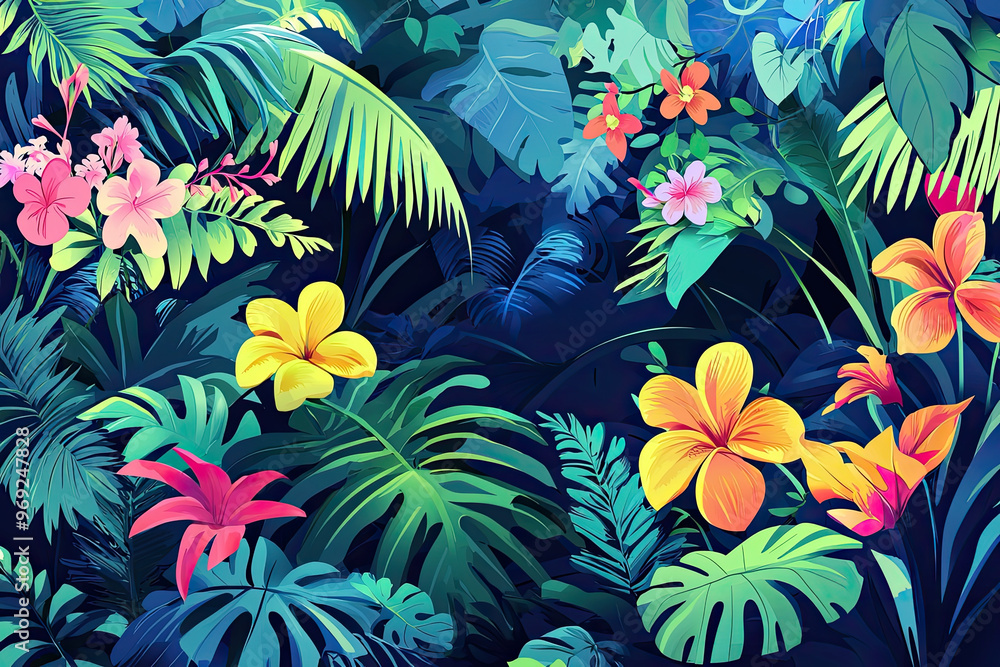 Fototapeta premium Vibrant tropical paradise with colorful flowers and lush greenery