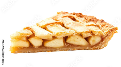 Delicious apple pie slice with golden crust and visible apple filling, perfect for dessert lovers. warm, inviting aroma of baked apples enhances its appeal. 