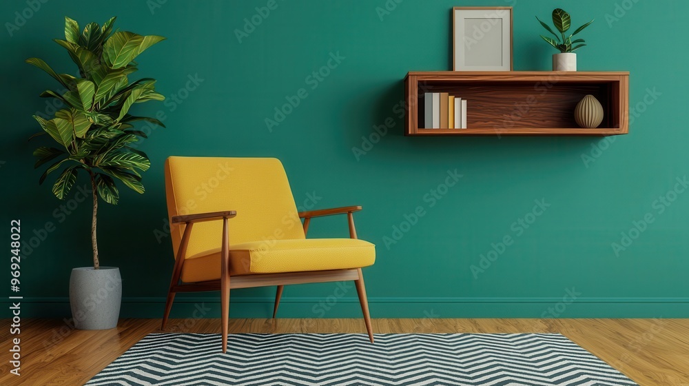 A mid-century modern living room with a statement teak wood sideboard, retro patterned rug, and a vintage Eames chair, Photorealistic, Retro chic