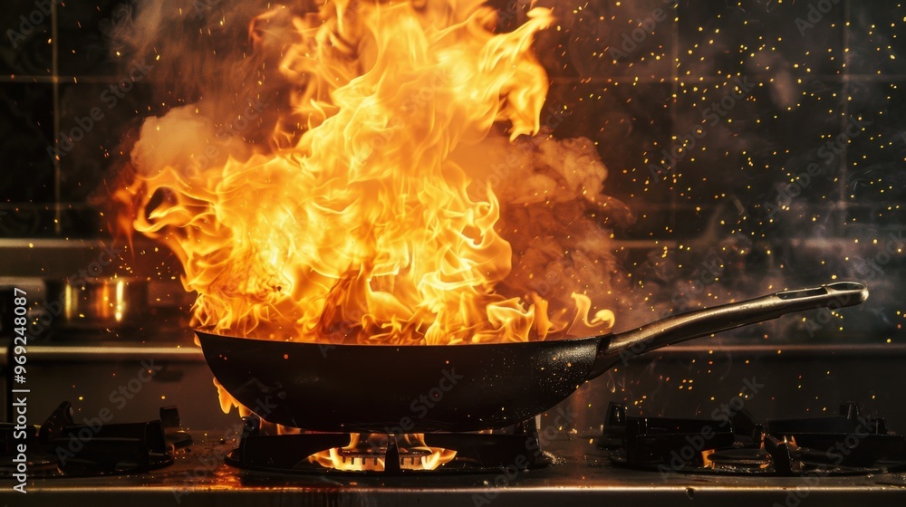 a black frying pan engulfed in flames, illustrating the heat of the kitchen art a black frying pan engulfed in flames, illustrating the heat of the kitchen art