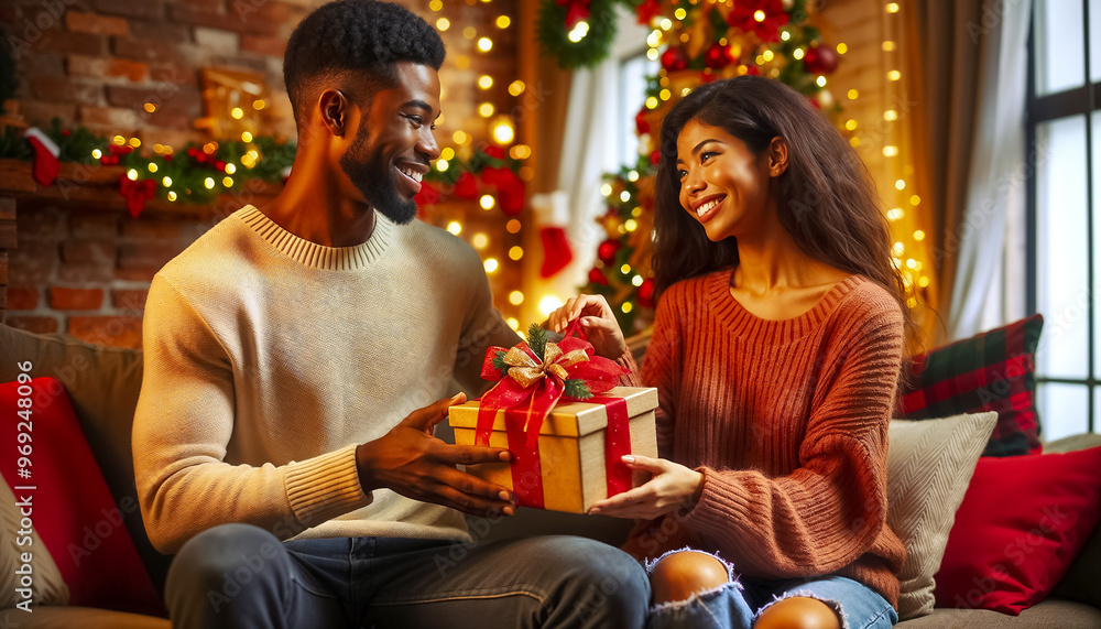 A happy couple sits together on a sofa, exchanging a Christmas gift. The living room is warmly decorated with lights, a tree, and festive ornaments, creating a joyful atmosphere A happy couple sits together on a sofa, exchanging a Christmas gift. The living room is warmly decorated with lights, a tree, and festive ornaments, creating a joyful atmosphere
