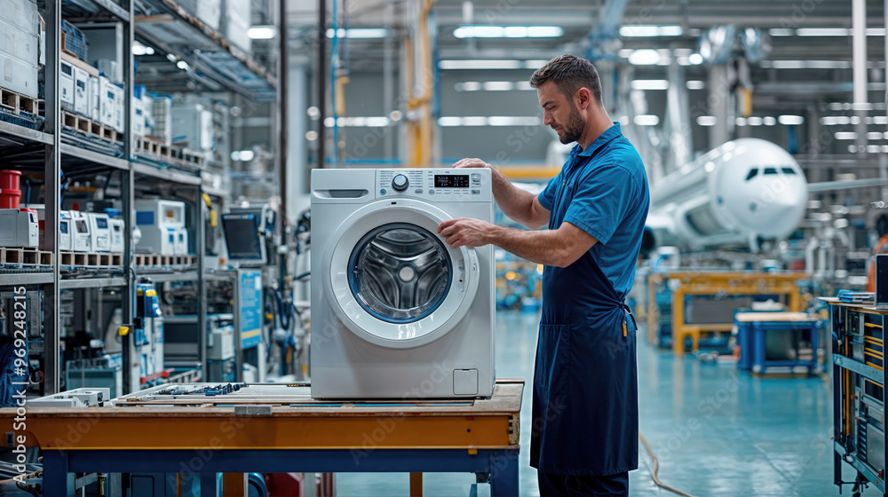 Male engineer assembling washing machine on the assembly line in a modern factory Male engineer assembling washing machine on the assembly line in a modern factory