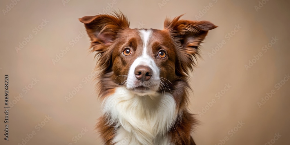 Alert brown and white border collie sits attentively against a neutral background, its head tilted slightly, exhibiting Alert brown and white border collie sits attentively against a neutral background, its head tilted slightly, exhibiting