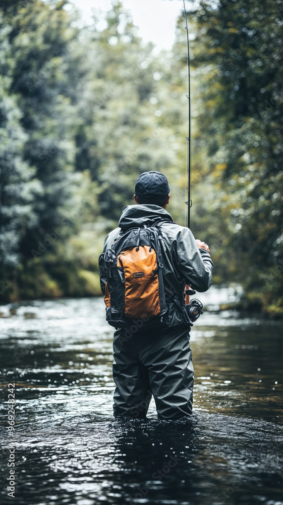 Fisherman wearing waders standing in river fishing with rod Fisherman wearing waders standing in river fishing with rod