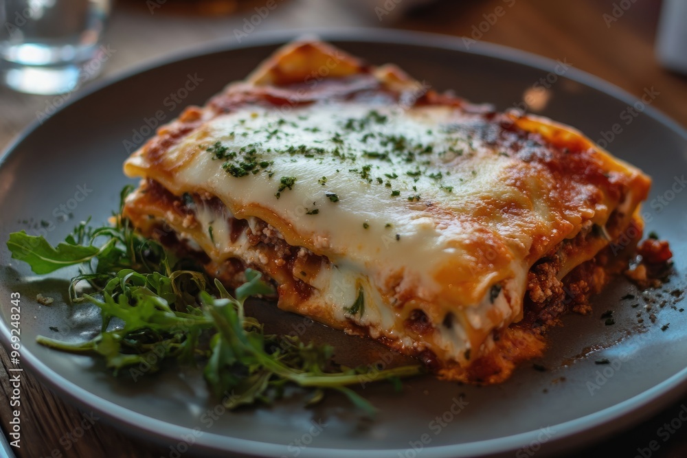 A hearty slice of homemade lasagna with melted cheese oozing from the layers A hearty slice of homemade lasagna with melted cheese oozing from the layers