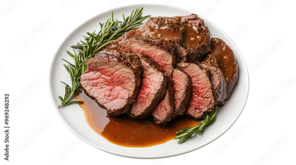 Sliced roast beef served on white plate with rich gravy and garnished with fresh rosemary. This dish is perfect for hearty meal, showcasing tender meat and savory flavors. Sliced roast beef served on white plate with rich gravy and garnished with fresh rosemary. This dish is perfect for hearty meal, showcasing tender meat and savory flavors.