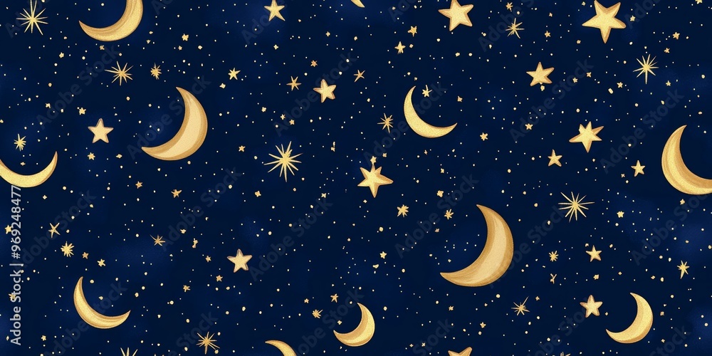 Naklejka premium Golden moons and stars on blue background.