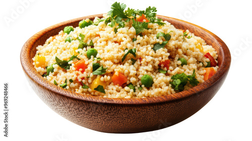 Couscous salad with colorful vegetables and fresh herbs in wooden bowl, showcasing vibrant and healthy dish perfect for any meal. 