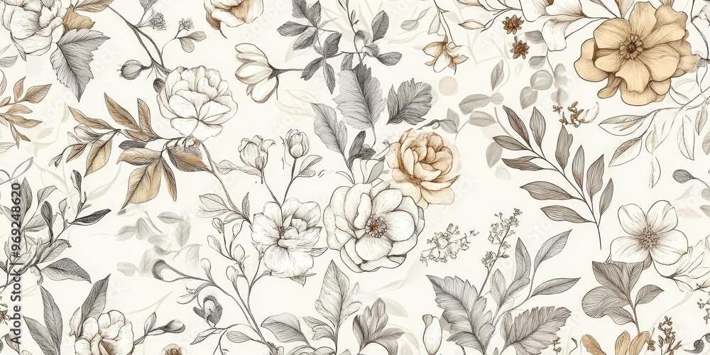 custom made wallpaper toronto digitalFlowers and leaves in a delicate sketch.