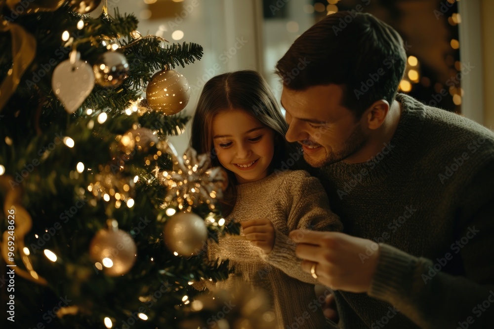 A family of three decorate their Christmas tree christmas christmas tree festival. A family of three decorate their Christmas tree christmas christmas tree festival.