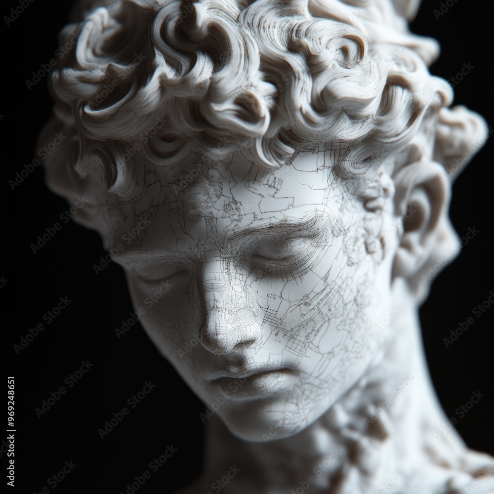 A stunning sculpture of a young man with flowing hair. The intricate details highlight an artistic style that blends tradition with modern techniques. Ideal for showcasing beauty. AI A stunning sculpture of a young man with flowing hair. The intricate details highlight an artistic style that blends tradition with modern techniques. Ideal for showcasing beauty. AI