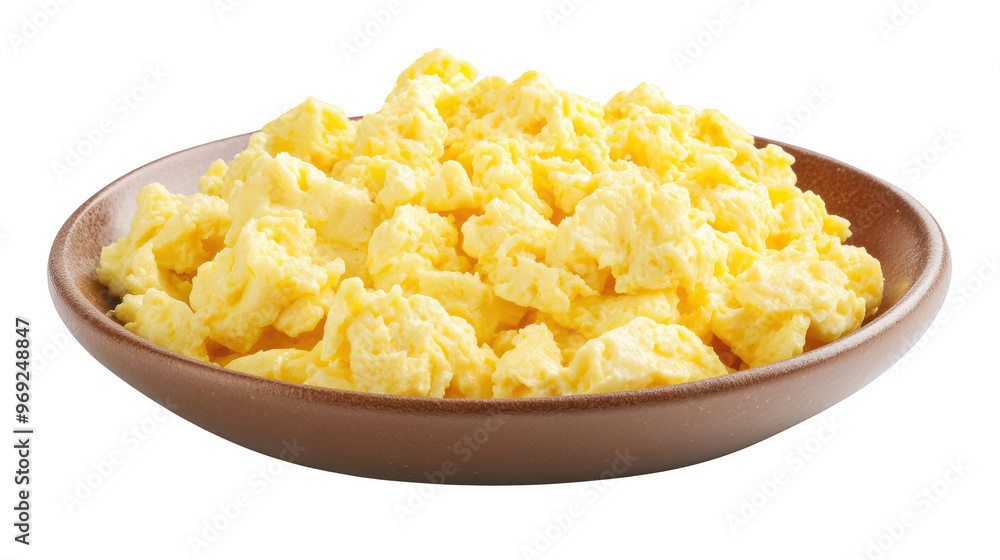 Fluffy scrambled eggs served in brown bowl, perfect for breakfast or brunch. This delicious dish is great source of protein and can be enjoyed on its own or with various toppings. Fluffy scrambled eggs served in brown bowl, perfect for breakfast or brunch. This delicious dish is great source of protein and can be enjoyed on its own or with various toppings.