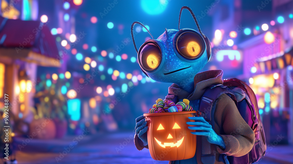 Alien creature trick-or-treating with a pumpkin bucket in a colorful night street during Halloween Alien creature trick-or-treating with a pumpkin bucket in a colorful night street during Halloween