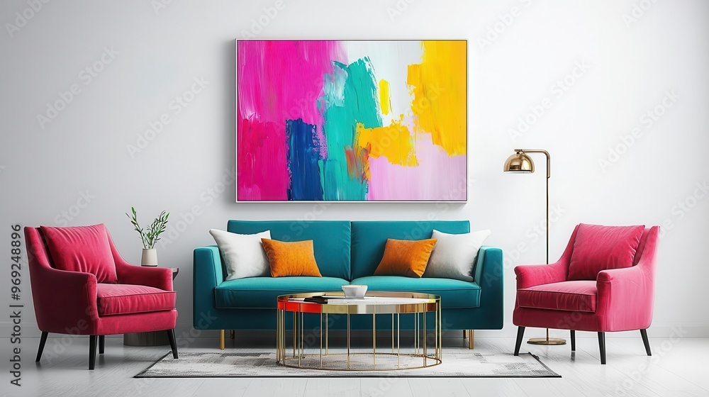 Fototapeta premium A vibrant living room with jewel-toned furniture, a metallic coffee table, and a bold, oversized abstract painting, Photorealistic, Energetic and modern