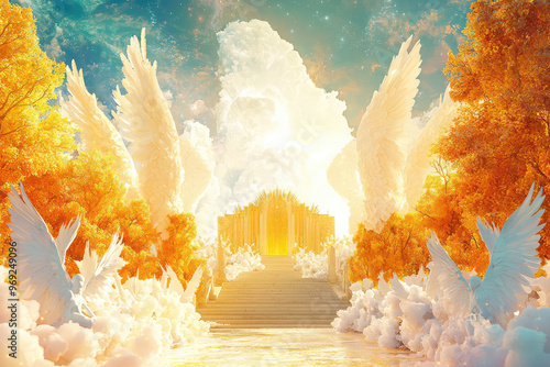 A vibrant illustration of Gods throne in heaven with majestic wings photo