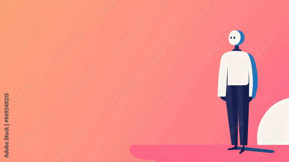 A minimalist character stands against vibrant gradient background, embodying sense of contemplation and introspection. design features simple, stylized figure with unique head shape, evoking modern an A minimalist character stands against vibrant gradient background, embodying sense of contemplation and introspection. design features simple, stylized figure with unique head shape, evoking modern an