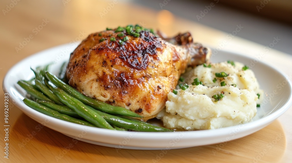 A plate featuring roasted chicken, mashed potatoes, and green beans, showcasing a hearty meal. A plate featuring roasted chicken, mashed potatoes, and green beans, showcasing a hearty meal.