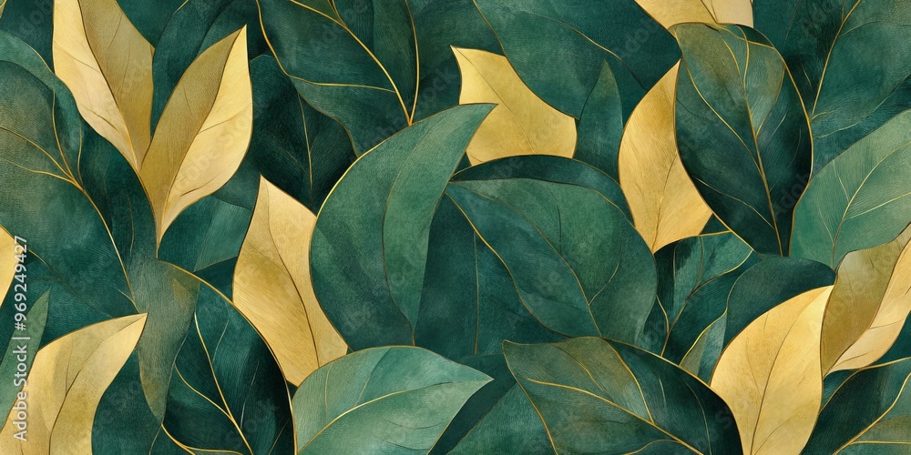 Green and gold leaves with gold veins. Green and gold leaves with gold veins.