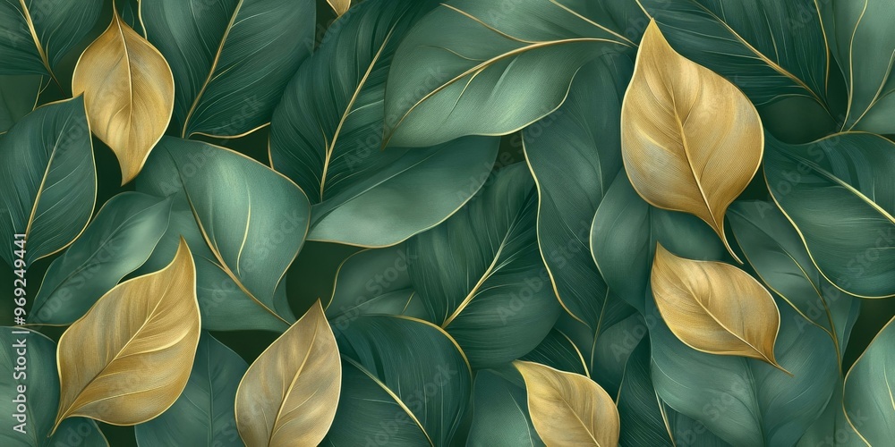 Green and gold leaves with intricate detail. Green and gold leaves with intricate detail.