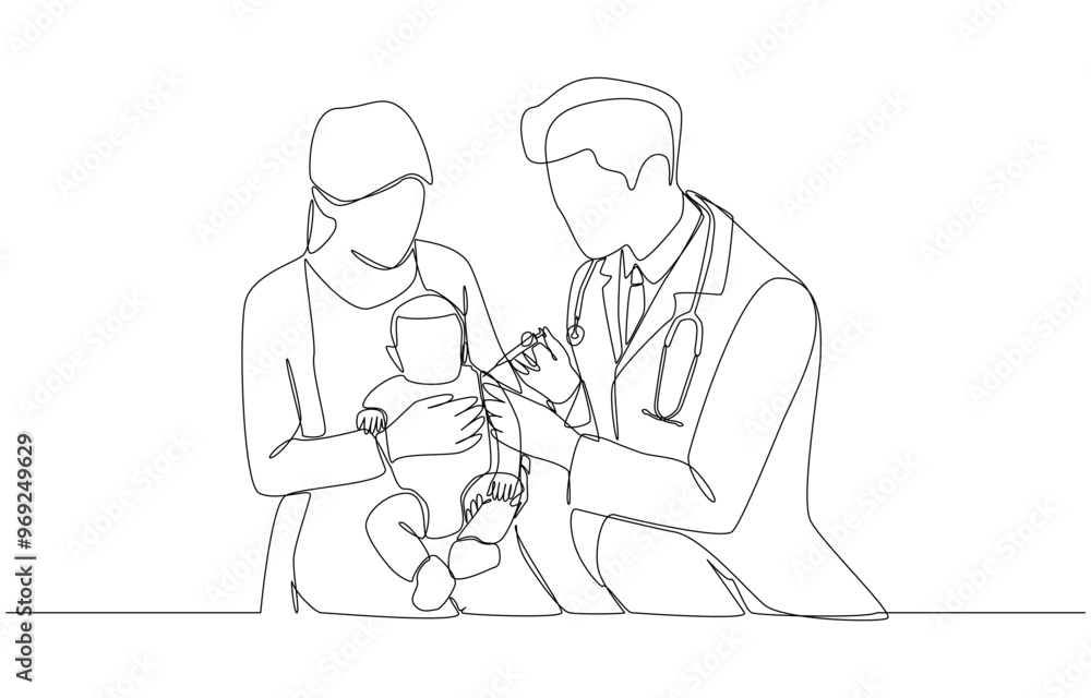 Continuous one line drawing of doctor giving vaccination to baby, infant vaccination concept, single line art. Continuous one line drawing of doctor giving vaccination to baby, infant vaccination concept, single line art.