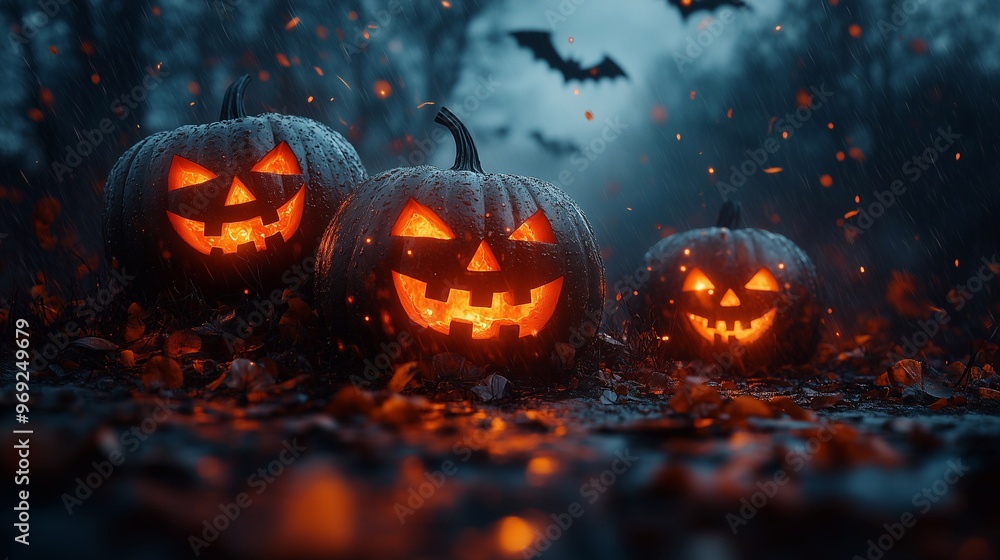 Glowing jack-o'-lanterns with menacing faces under stormy skies and flying bats. Glowing jack-o'-lanterns with menacing faces under stormy skies and flying bats.