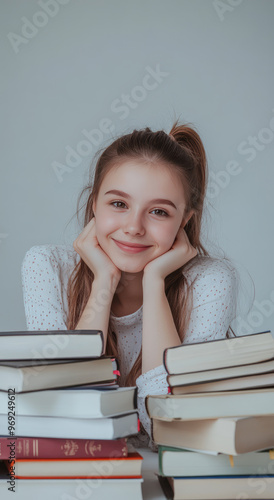 Teenage student girl smiling and resting on books at home