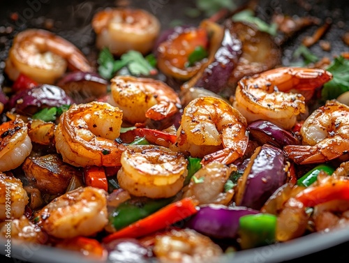 Close-up of Sizzling Thai Stir-Fry with Vibrant Vegetables and Shrimp in Wok