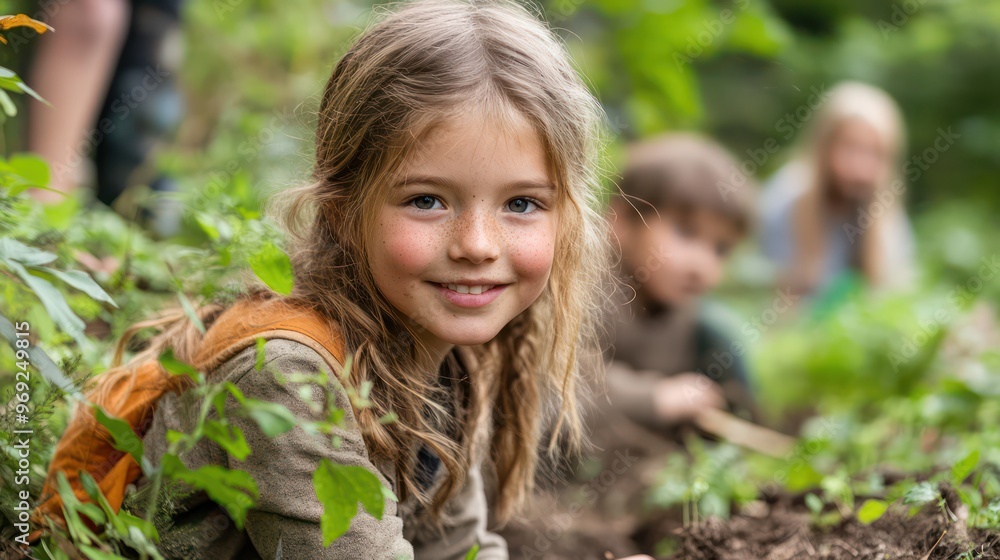 A young girl is smiling in a forest A young girl is smiling in a forest