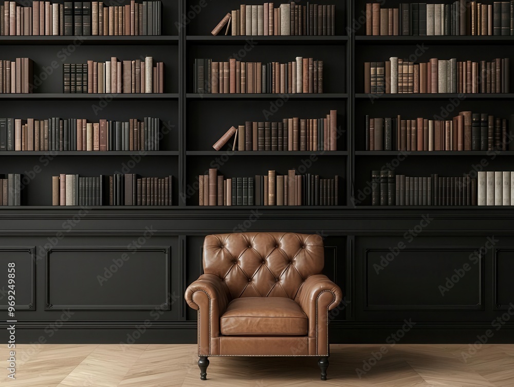 A traditional living room with a grand leather armchair, wooden bookshelves, and an ornate fireplace as the statement, Photorealistic, Warm and timeless A traditional living room with a grand leather armchair, wooden bookshelves, and an ornate fireplace as the statement, Photorealistic, Warm and timeless
