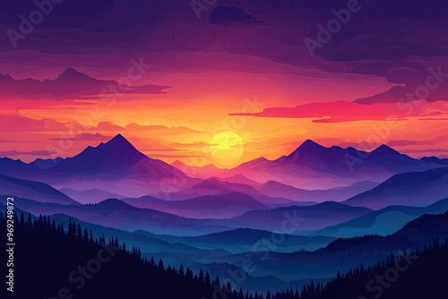 A vibrant sunset over paradise landscape with silhouettes of mountains and trees