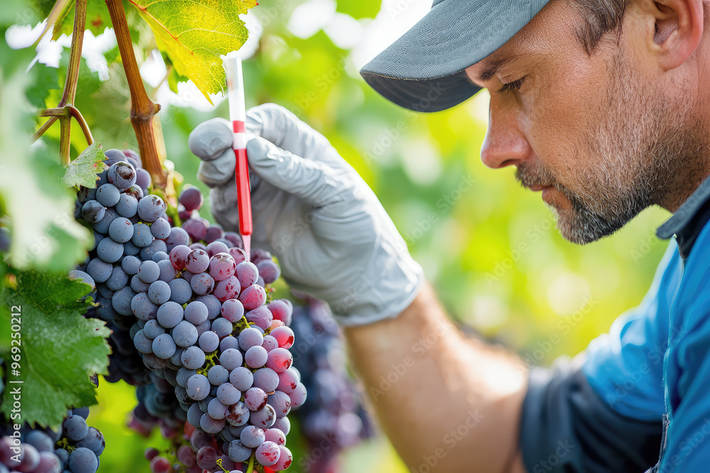 Obraz premium Grapes, winemaker, pH testing, grape must, vineyard, agriculture, science, quality control