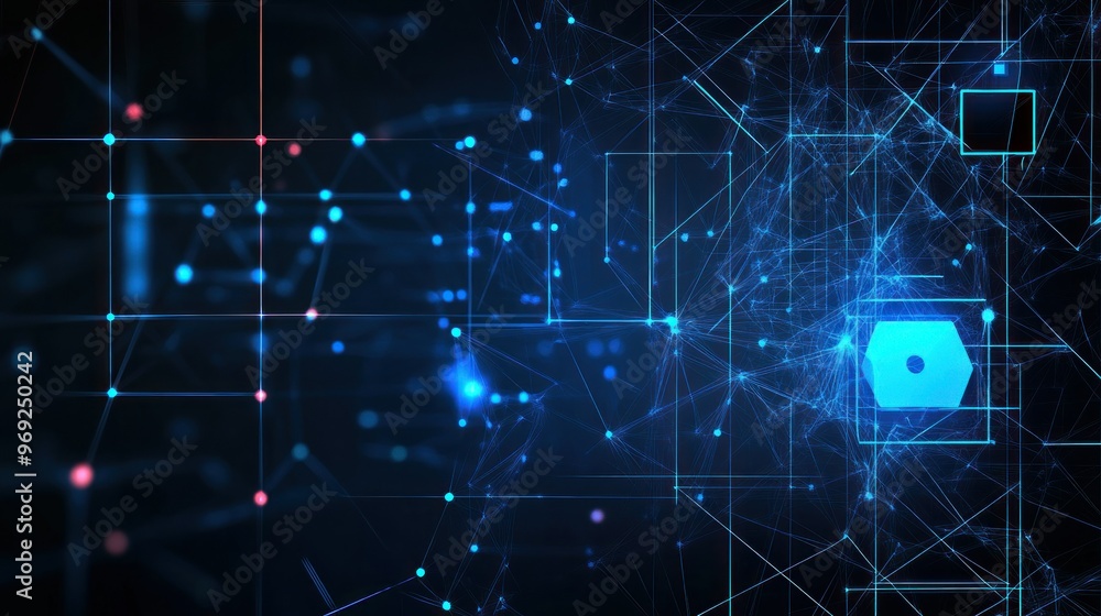 Obraz premium Abstract digital visualization with interconnected nodes and geometric shapes.